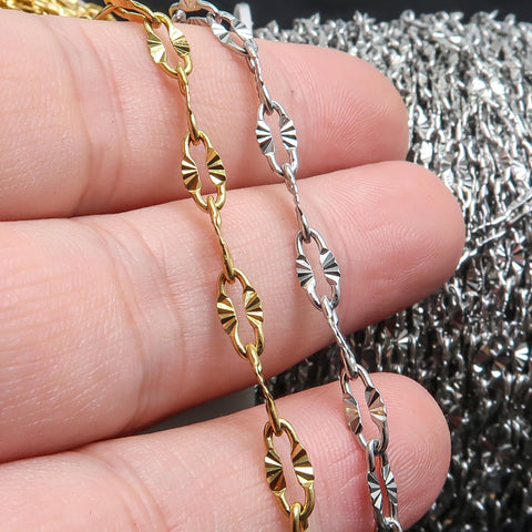 Diamond Cut Sparkle Chain, Textured Cable Chain, Paperclip Chain Gold Silver, Bulk Stainless Steel Chain for Jewelry Making