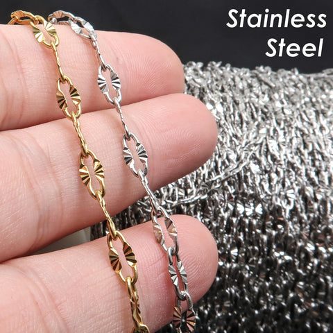Diamond Cut Sparkle Chain, Textured Cable Chain, Paperclip Chain Gold Silver, Bulk Stainless Steel Chain for Jewelry Making
