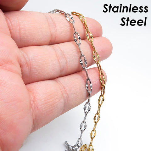 Diamond Cut Sparkle Chain, Textured Cable Chain, Paperclip Chain Gold Silver, Bulk Stainless Steel Chain for Jewelry Making