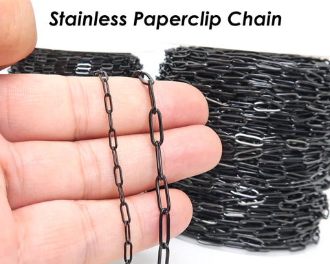 Stainless Steel Paper Clip Chain Black Silver Gold Paperclip Chain for Necklace Bracelet, Bulk Stainless Steel Chain for Jewelry Making