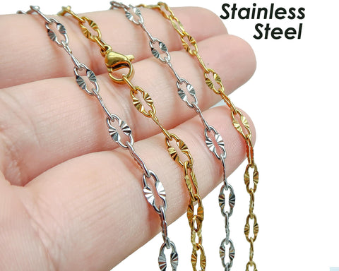 Diamond Cut Sparkle Chain Necklace, Textured Chain Necklace, Paperclip Necklace Gold Silver, Bulk Stainless Steel Necklace for Wome Men