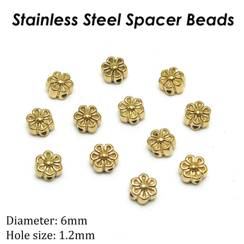 6mm Flower Beads Stainless Steel Spacer Beads Gold Silver, Jewelry Making Beads