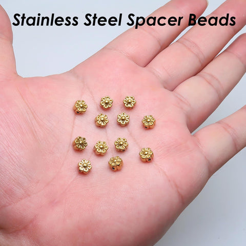 6mm Flower Beads Stainless Steel Spacer Beads Gold Silver, Jewelry Making Beads