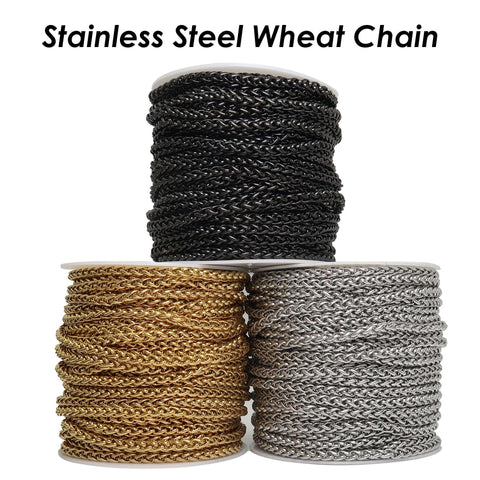 Wheat Chain Gold Black Silver, Round Franco Chain, Braid Chain, Bulk Stainless Steel Chain for Jewelry Making or Handbag