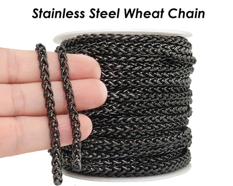 Wheat Chain Gold Black Silver, Round Franco Chain, Braid Chain, Bulk Stainless Steel Chain for Jewelry Making or Handbag