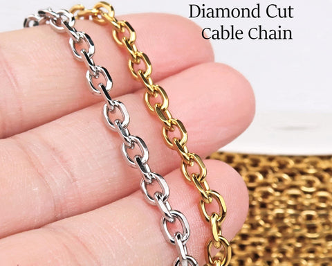 10 Feet Diamond Cut Cable Chain Gold Silver, Bulk Stainless Steel Chain Jewelry Making