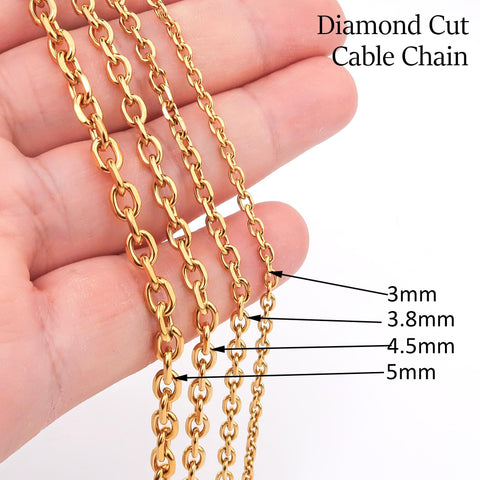 10 Feet Diamond Cut Cable Chain Gold Silver, Bulk Stainless Steel Chain Jewelry Making