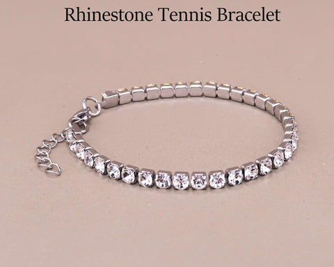 Clear Rhinestone Tennis Bracelet, Stainless Steel Chain Base Handmade Sparkle Jewelry, Gift for Her