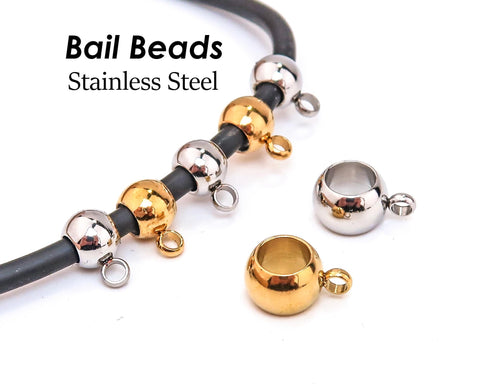 20 pcs Stainless Steel Bail Beads Large Hole, Round Spacer Beads with Loop