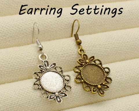 10 pcs - Flower Earrings, Charm Earring Bases, 12mm & 16mm Earring Bezel Blanks, Fancy Earring Setting