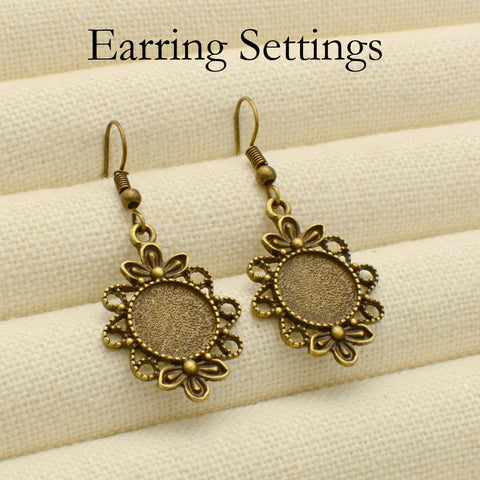 10 pcs - Flower Earrings, Charm Earring Bases, 12mm & 16mm Earring Bezel Blanks, Fancy Earring Setting