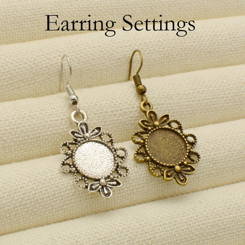 10 pcs - Flower Earrings, Charm Earring Bases, 12mm & 16mm Earring Bezel Blanks, Fancy Earring Setting