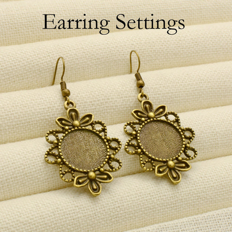 10 pcs - Flower Earrings, Charm Earring Bases, 12mm & 16mm Earring Bezel Blanks, Fancy Earring Setting