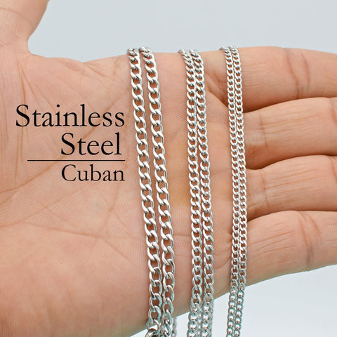 Stainless Steel Necklace for Women or Men, 16 18 20 22 24 30 Inches NK Cuban Link Chain Necklaces, Flat Curb Chain for Jewelry Making