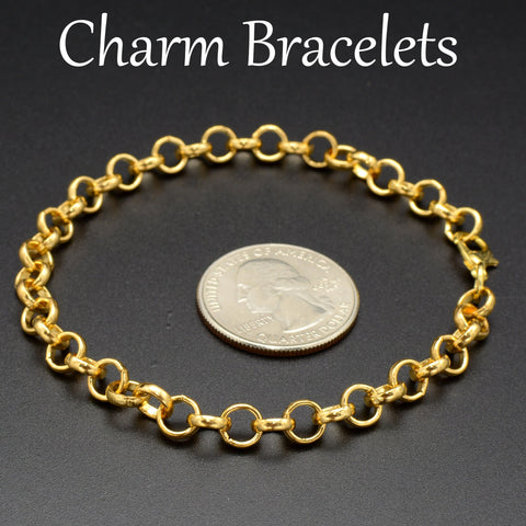 Adjustable Charm Bracelet, Big Circle Link Rolo Chain Bracelet Blank, Silver Gold Bronze Charm Bracelets for Women or Girls