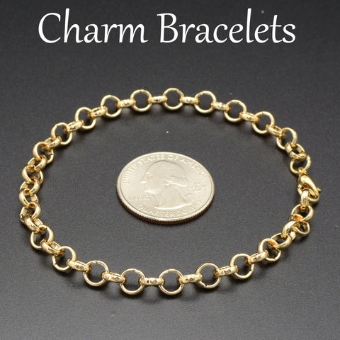 Adjustable Charm Bracelet, Big Circle Link Rolo Chain Bracelet Blank, Silver Gold Bronze Charm Bracelets for Women or Girls