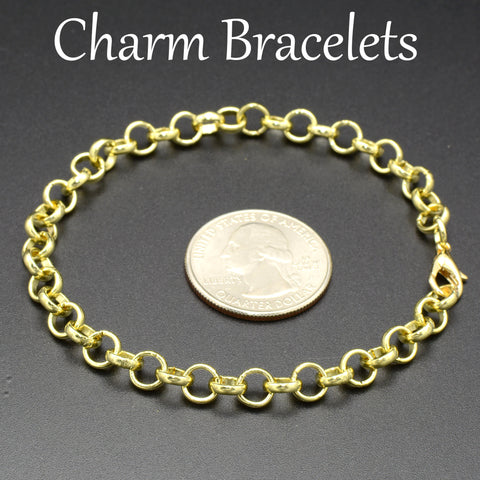 Adjustable Charm Bracelet, Big Circle Link Rolo Chain Bracelet Blank, Silver Gold Bronze Charm Bracelets for Women or Girls