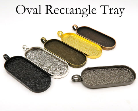 Oval Rectangle Pendant Tray, Long Oval Pendant Bezel Cup Blanks, Rounded Rectangle Cabochon Setting Silver Gold Bronze Copper Gunmetal Black