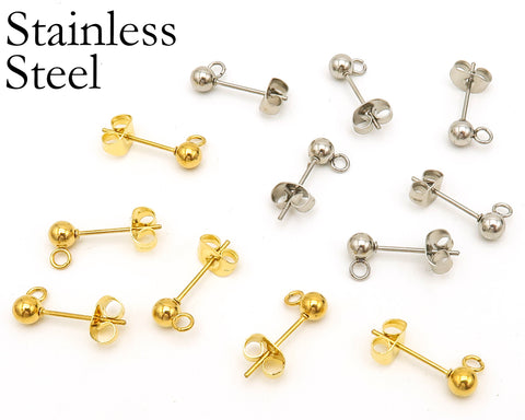 50 x Stainless Steel Ball Stud Earrings, Stud Earring Post, Stud Earring Findings With Connectors, Wholesale Ball Post Earring Gold & Silver