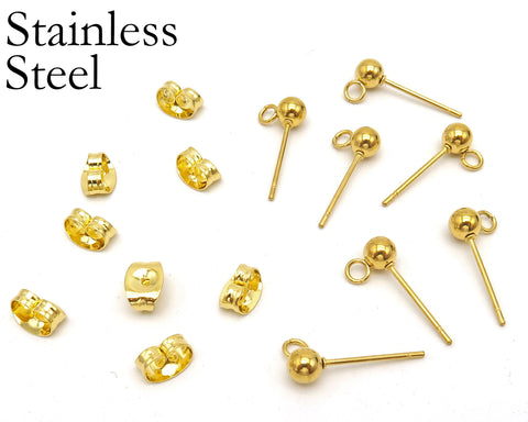 50 x Stainless Steel Ball Stud Earrings, Stud Earring Post, Stud Earring Findings With Connectors, Wholesale Ball Post Earring Gold & Silver