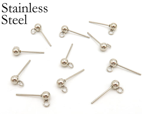 50 x Stainless Steel Ball Stud Earrings, Stud Earring Post, Stud Earring Findings With Connectors, Wholesale Ball Post Earring Gold & Silver