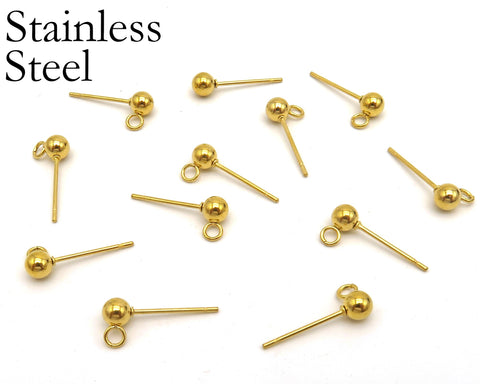 50 x Stainless Steel Ball Stud Earrings, Stud Earring Post, Stud Earring Findings With Connectors, Wholesale Ball Post Earring Gold & Silver