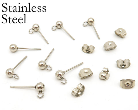 50 x Stainless Steel Ball Stud Earrings, Stud Earring Post, Stud Earring Findings With Connectors, Wholesale Ball Post Earring Gold & Silver