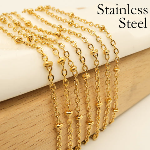 Satellite Chain Stainless Steel, Silver Gold Beaded Chain for Necklace Bracelet Making, Ball Station Chain Bulk by Feet Inch Length Meter