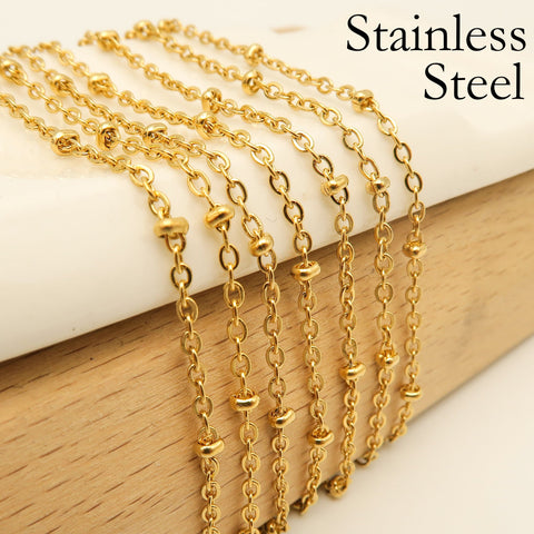 Stainless Steel Satellite Chain Bulk Wholesale, Dainty Silver Gold Bead Station Chain by Feet Length Spool for Jewelry Making