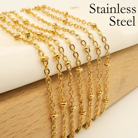 Satellite Chain Stainless Steel, Silver Gold Beaded Chain for Necklace Bracelet Making, Ball Station Chain Bulk by Feet Inch Length Meter