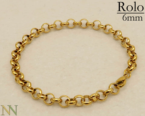 Rolo Bracelet Gold Silver, Stainless Steel Bracelets, Charm Bracelet for Adding Charms, 6mm Rolo Link Bracelet for Women Men