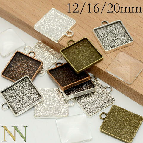 Square Bezel Setting 12mm 16mm 20mm Square Pendant Tray Blanks for Glass Cabochon Epoxy Resin for Necklace Earrings Bracelets