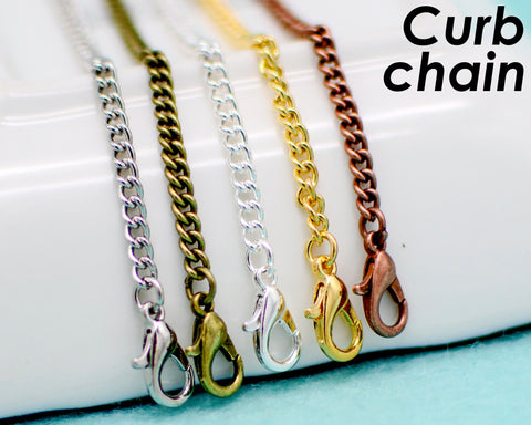 10 x Curb Chain Necklace for Men Women, Wholesale 18 24 Inch Antique Brass Curb Link Chain for Jewelry Making- Silver Bronze Copper Rhodium