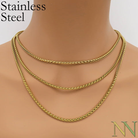 Stainless Steel Necklace for Men Women, Tarnish Free Gold Silver Wheat Chain Necklace Wholesale, Gift for Him or Her Boyfriend Girlfriend