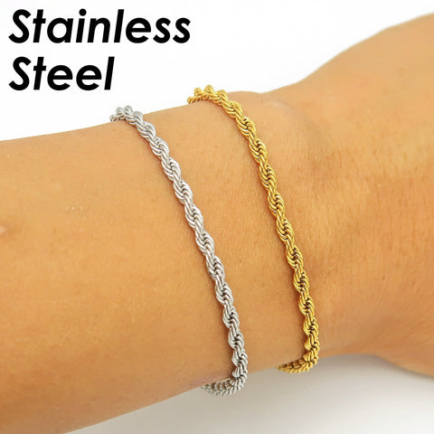 3mm Stainless Steel Rope Bracelet Gold Silver Stainless Steel Rope Chain Bracelet Stackable Stainless Steel Bracelet for Women Men