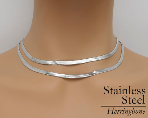 Stainless Steel Herringbone Choker Necklace Gold Silver 16 18 20 Inches Flat Snake Chain 3mm & 4mm Herringbone Necklace for Women