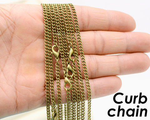 10 x Curb Chain Necklace for Men Women, Wholesale 18 24 Inch Antique Brass Curb Link Chain for Jewelry Making- Silver Bronze Copper Rhodium