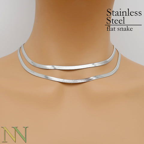 Flat Snake Necklace Stainless Steel Herringbone Necklace Gold Silver Snake Chain Necklace Snake Choke for Women, Gift for her