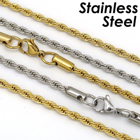 Rope Necklace Gold Silver Tarnish Free, Wholesale 3mm Stainless Steel Rope Chain Necklace for Men or Women, Gift for Him or Her