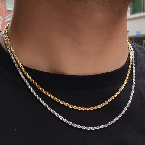 3mm Rope Chain Necklace Gold Silver, 3mm Rope Necklace for Men or Women, Stainless Steel Rope Chain Necklace Rope Bracelet, Gift for Him Her