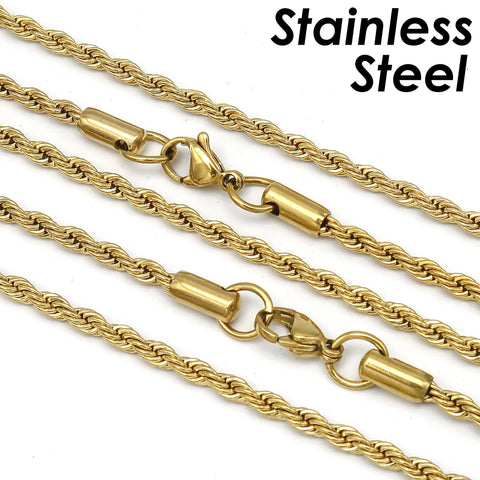 Rope Necklace Gold Silver Tarnish Free, Wholesale 3mm Stainless Steel Rope Chain Necklace for Men or Women, Gift for Him or Her