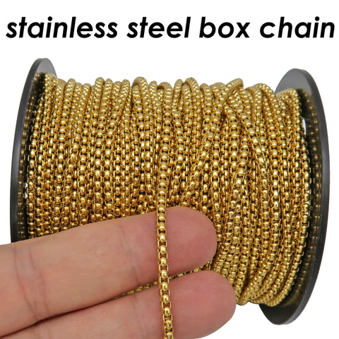 10 Feet Round Box Chain Bulk Wholesale for Men Women Necklace Bracelet, Stainless Steel Chain Gold Silver Black Box Chain for Jewelry Making