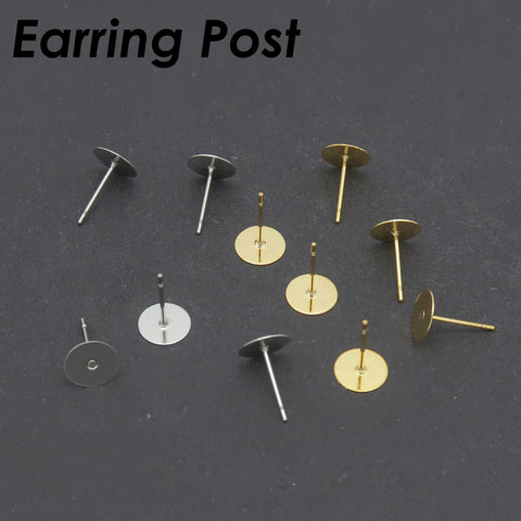 50 x Stainless Steel Pad Earring Posts Gold Silver, 4mm 6mm 8mm Earring Findings, Flat Back Stud Earring Supplies for Jewelry Making