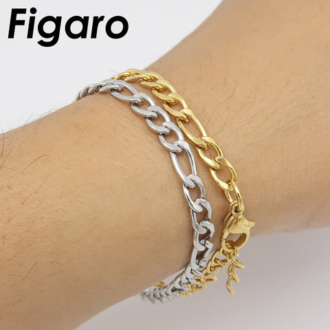 Stainless Steel Figaro Necklace Silver Gold, Wholesale Figaro Link Chain Bracelet for Men or Women