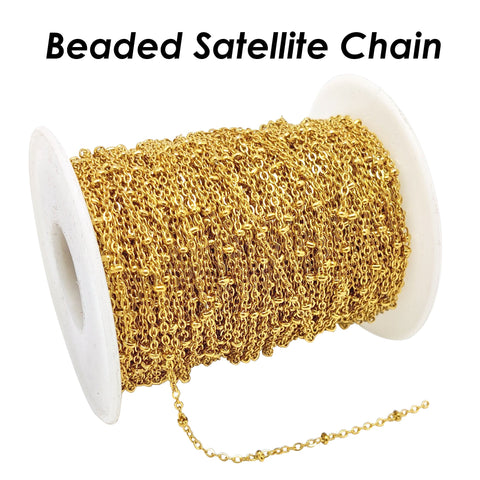 Stainless Steel Satellite Chain Bulk Wholesale, Dainty Silver Gold Bead Station Chain by Feet Length Spool for Jewelry Making