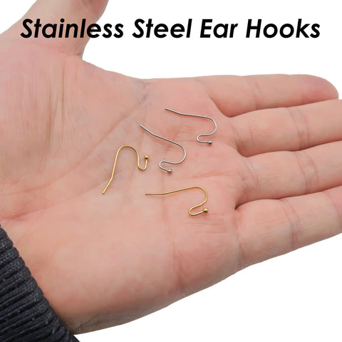 50 x Stainless Steel Earring Hooks Gold Silver, Surgical Steel Ear Wires Bulk Whole Earring Hoop Findings for Jewelry Making