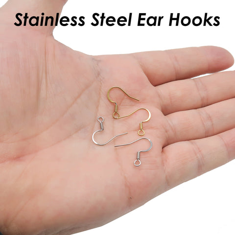 50 x Stainless Steel Earring Hooks Gold Silver, Surgical Steel Ear Wires Bulk Whole Earring Hoop Findings for Jewelry Making