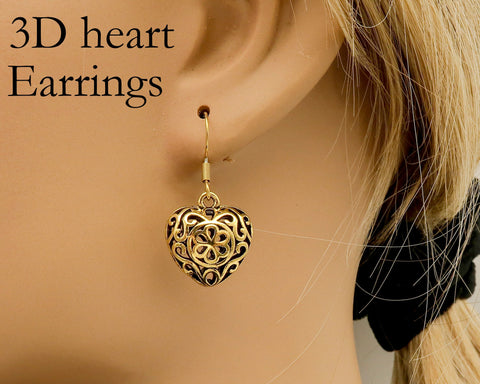 10 x 3D Heart Charms for Jewelry Making, Hollow Filigree Heart Pendants for Necklace, Bracelet or Earring- Silver, Gold, Rose Gold, Bronze