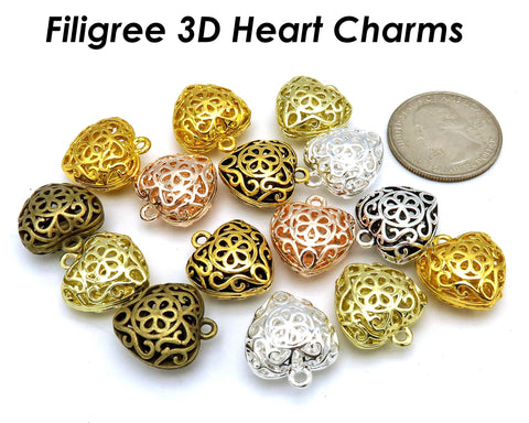 10 x 3D Heart Charms for Jewelry Making, Hollow Filigree Heart Pendants for Necklace, Bracelet or Earring- Silver, Gold, Rose Gold, Bronze