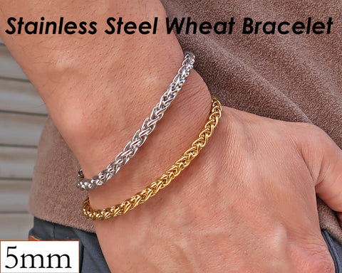 5mm Wheat Chain Necklace Gold Silver, Stainless Steel Necklace for Men Women, Wheat Necklace Wheat Bracelet, Chunky Necklace, Gift for Him